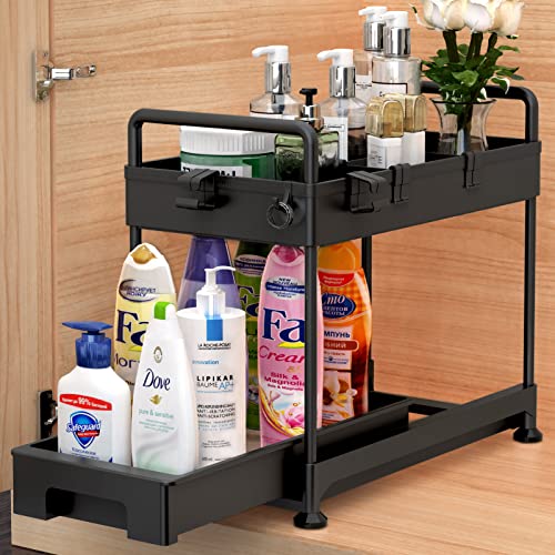 SOLEJAZZ 2-Tier Under Sink Organizer, Sliding Under Bathroom Cabinet Storage Drawer Organizer with Hooks, Hanging Cup, Dividers, Handles, Multi-purpose Under Sink Shelf Organizer, Black