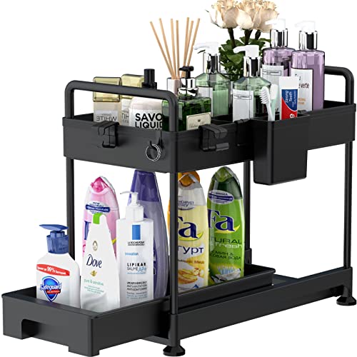 SOLEJAZZ 2-Tier Under Sink Organizer, Sliding Under Bathroom Cabinet Storage Drawer Organizer with Hooks, Hanging Cup, Dividers, Handles, Multi-purpose Under Sink Shelf Organizer, Black