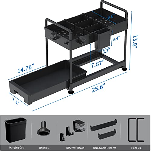 SOLEJAZZ 2-Tier Under Sink Organizer, Sliding Under Bathroom Cabinet Storage Drawer Organizer with Hooks, Hanging Cup, Dividers, Handles, Multi-purpose Under Sink Shelf Organizer, Black