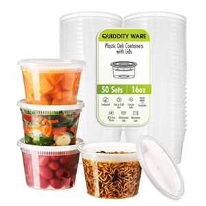 quiddity ware (16oz-deli containers with lids leakproof – 50 pack bpa-free plastic microwaveable clear food storage container premium heavy-duty quality, freezer & dishwasher safe