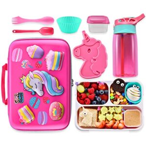 coo&koo unicorn lunch bag lunch box set, insulated lunch bag with 3 compartment bento box ice pack water bottle silicon cap spoon salad container for lunch kid’s school supplies ideal for age 7-15