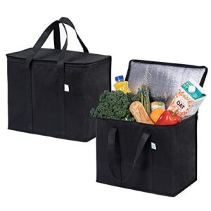 veno 2 pack insulated reusable grocery bag, food delivery bag, durable, heavy duty, large size, stands upright, collapsible, sturdy zipper, reusable and sustainable (black, 2)