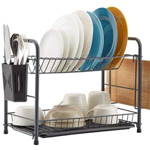 naturous dish rack, 2 tier dish drying rack kitchen organizer with drain board, utensil holder, cutting board holder, gray