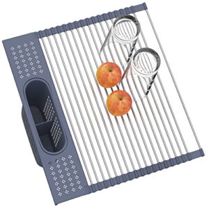 LEMIKKLE Roll Up Dish Drying Rack 17.5" x 15.2" Over The Sink Dish Drying Rack,Multi-Purpose Kitchen Rolling Dish Drainer Foldable SUS304 Stainless Steel Dish Drying Rack