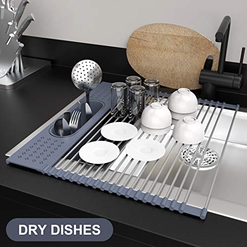 LEMIKKLE Roll Up Dish Drying Rack 17.5" x 15.2" Over The Sink Dish Drying Rack,Multi-Purpose Kitchen Rolling Dish Drainer Foldable SUS304 Stainless Steel Dish Drying Rack