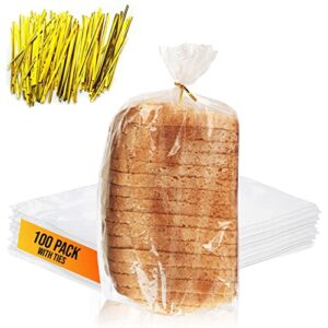 reusable plastic bread bags for homemade bread – 100 pack clear bread bag with ties for an airtight moisture-free preservation and storage- bread loaf bags for home bakers and bakery owners