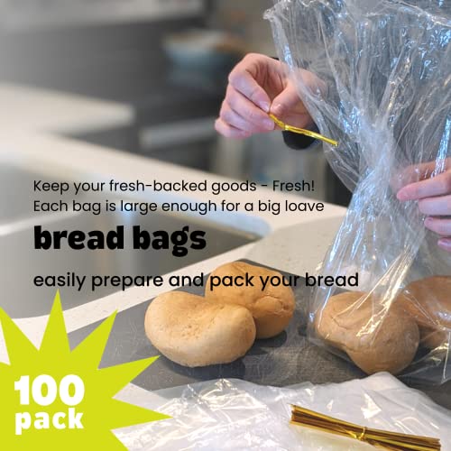 Reusable Plastic Bread Bags for Homemade Bread - 100 Pack Clear Bread Bag with Ties For An Airtight Moisture-free Preservation and Storage- Bread Loaf Bags for Home Bakers and Bakery Owners