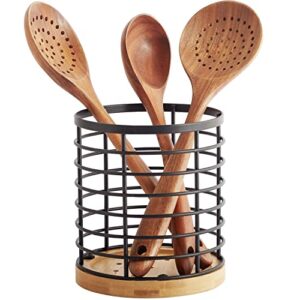 wdt tool utensil holder for kitchen counter – 5.2″ x 5.2″ x 6″ large round utensils holder with wooden base matte black cooking utensil holder，kitchen countertop utensil organizer (metal+bamboo)