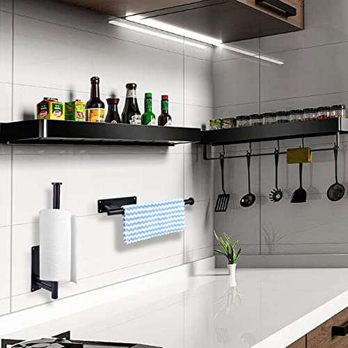 Paper Towel Holder Under Cabinet, Upgraded Version with Two Rods, Stainless Steel Paper Towel Holder Wall Mount, Self Adhesive or Drilling Under Counter Paper Towel Holder for Kitchen, Bathroom-Black