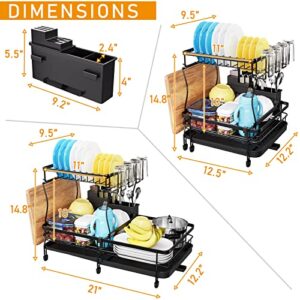 YKLSLH Expandable Dish Drying Rack , 2 Tier Large Drying Rack for Kitchen Counter with Drainboard, Glass Holder, Utensil Holder-Dish Drainers (Black)