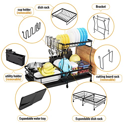 YKLSLH Expandable Dish Drying Rack , 2 Tier Large Drying Rack for Kitchen Counter with Drainboard, Glass Holder, Utensil Holder-Dish Drainers (Black)