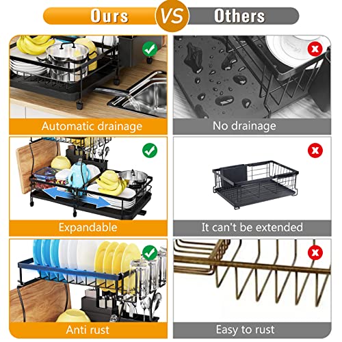 YKLSLH Expandable Dish Drying Rack , 2 Tier Large Drying Rack for Kitchen Counter with Drainboard, Glass Holder, Utensil Holder-Dish Drainers (Black)