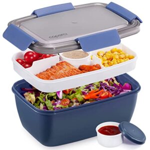 Caperci Large Salad Container Bowl for Lunch - Better Adult Bento Lunch Box 68 oz, 5-Compartment Tray, 2pcs 3-oz Sauce Cups, Stackable, BPA-Free (Navy)
