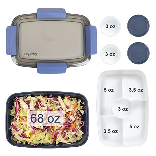 Caperci Large Salad Container Bowl for Lunch - Better Adult Bento Lunch Box 68 oz, 5-Compartment Tray, 2pcs 3-oz Sauce Cups, Stackable, BPA-Free (Navy)