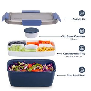 Caperci Large Salad Container Bowl for Lunch - Better Adult Bento Lunch Box 68 oz, 5-Compartment Tray, 2pcs 3-oz Sauce Cups, Stackable, BPA-Free (Navy)