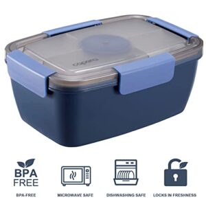 Caperci Large Salad Container Bowl for Lunch - Better Adult Bento Lunch Box 68 oz, 5-Compartment Tray, 2pcs 3-oz Sauce Cups, Stackable, BPA-Free (Navy)