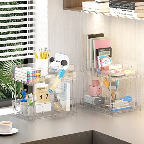 2 Tier Clear Organizer with Dividers, Pantry Organization and Storage Multi Purpose Slide-Out Bathroom Organizer, Kitchen Pantry Medicine Cabniet Bins, Under Sink Organizers and Storage, 2 Pack