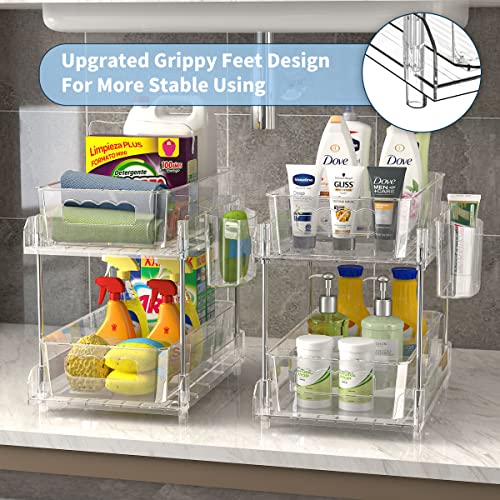 2 Tier Clear Organizer with Dividers, Pantry Organization and Storage Multi Purpose Slide-Out Bathroom Organizer, Kitchen Pantry Medicine Cabniet Bins, Under Sink Organizers and Storage, 2 Pack