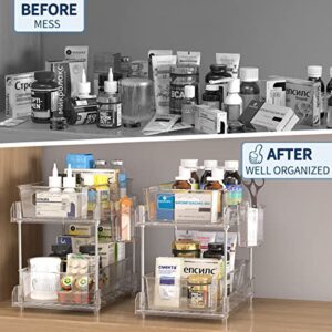 2 Tier Clear Organizer with Dividers, Pantry Organization and Storage Multi Purpose Slide-Out Bathroom Organizer, Kitchen Pantry Medicine Cabniet Bins, Under Sink Organizers and Storage, 2 Pack