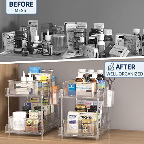 2 Tier Clear Organizer with Dividers, Pantry Organization and Storage Multi Purpose Slide-Out Bathroom Organizer, Kitchen Pantry Medicine Cabniet Bins, Under Sink Organizers and Storage, 2 Pack