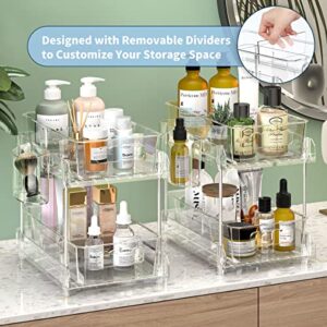 2 Tier Clear Organizer with Dividers, Pantry Organization and Storage Multi Purpose Slide-Out Bathroom Organizer, Kitchen Pantry Medicine Cabniet Bins, Under Sink Organizers and Storage, 2 Pack