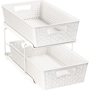 simple houseware 2 tier bathroom organizer tray pull-out sliding drawer/under-sink storage, white