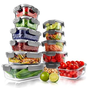 nutrichef superior glass food storage – 24-piece stackable, meal-prep containers w/ newly innovated hinged bpa-free 100% leakproof locking lids – freezer-to-oven-safe ncglgy (gray)