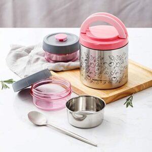 Lille Home Lunch Box Set, An Vacuum Insulated Bento/Snack Box Keeping Food Warm for 4-6 Hours, Two BPA-Free Food Containers, A Lunch Bag, A Portable Cutlery Set, Smart Diet, Weight Control (Pink)