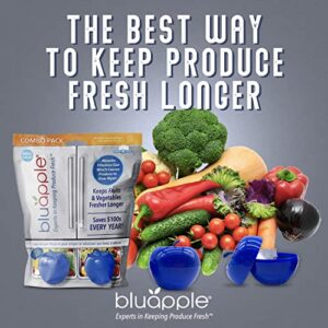 Bluapple Produce Saver Combo Pack - Keeps Fruits & Veggies Fresh in Refrigerator Crisper/Shelves, Lasts up to 3 Months, 8 Packets and 2 Bluapples for 1 Year, BPA Free Ethylene Gas Absorber, USA Made