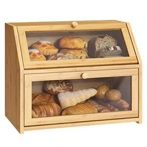 bread storage farmhouse bread box for kitchen countertop bread container with clear window breadbox double layer bamboo wooden extra large capacity bin kitchen food storage container(trapezoid)self-assembly