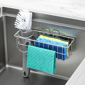 3-in-1 sponge holder for kitchen sink, 2 type suspension options (suction cups & adhesive hook), hanging sink caddy organizer rack – sponge, dish cloth, brush, scrubber, soap tray, 304 stainless steel