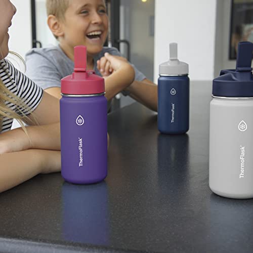 ThermoFlask Double Wall Vacuum Insulated Stainless Steel Kids Water Bottle with Straw Lid, 14 Ounce, 2-pack, Harbor Grey/Denim