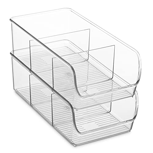 Set Of 4 Plastic Food Storage Organizer Bins - Divided 3 Compartment Kitchen Pantry Fridge Organizers for Food Packets, Seasoning, Spices, Sauce Packets, Pouches, Snacks - Clear Plastic Storage Rack