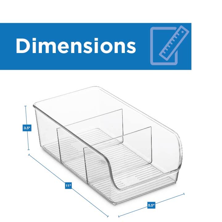 Set Of 4 Plastic Food Storage Organizer Bins - Divided 3 Compartment Kitchen Pantry Fridge Organizers for Food Packets, Seasoning, Spices, Sauce Packets, Pouches, Snacks - Clear Plastic Storage Rack