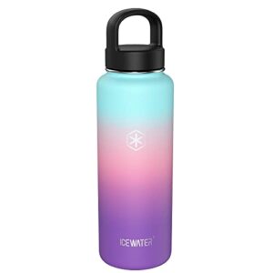 ICEWATER-40 oz, 2 Lids(Soft Auto Straw & Wide Mouth),Insulated Water Bottle,18/8 Stainless Steel,BPA-Free,Vacuum Double Walled,Leak Proof (40 oz, Purple)