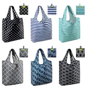 beegreen shopping bags reusable grocery tote bags 6 pack xlarge 50lbs ripstop geometric fashion recycling bags with pouch bulk machine washable nylon bags black gray blue navy teal christmas