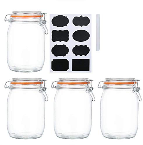 Encheng 32 oz Glass Jars With Airtight Lids And Leak Proof Rubber Gasket,Wide Mouth Mason Jars With Hinged Lids For Kitchen Canisters 1000ml, Glass Storage Containers 4 Pack