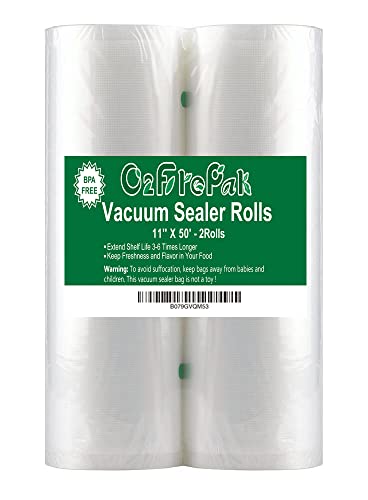 O2frepak 2Pack (Total 100Feet) 11x50 Rolls Vacuum Sealer Bags Rolls with BPA Free,Heavy Duty Vacuum Food Sealer Storage Bags Rolls,Cut to Size Roll,Great for Sous Vide