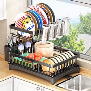 herjoy dish drying rack, detachable 2 tier dish rack and drainboard set, large capacity dish drainer organizer shelf with utensil holder, cup rack for kitchen counter, black