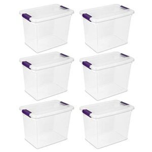 sterilite 17631706 27 quart/26 liter clearview latch box, clear with sweet plum latches, 6-pack