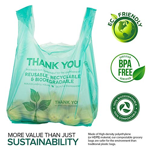 Stock Your Home Eco Grocery Bags (100 Count) Biodegradable Plastic Grocery Bags - Reusable Supermarket Thank You Shopping Bags, Recyclable Plastic T Shirt Bags, Small Trash Can Bags