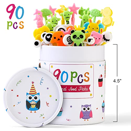 90 Pcs Food Picks for Kids with Cute Storage Box, Cartoon Animals Kids Fruit Toothpicks, Lunch Accessories for Bento Box, Fun Toddler Food Picks - BPA Free