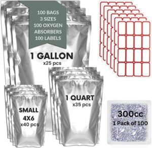 100 mybag mylar bags for food storage with oxygen absorbers 5 mil thick 300cc labels, 4″x6″ resealable mylar bag for candy, packaging ,long term storage ,variety pack of 10″x14″, 6″x9″