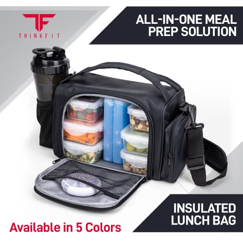 ThinkFit Insulated Meal Prep Lunch Box with 6 BPA-Free, Reusable, Microwavable, Freezer Safe Food Portion-Control Containers, Shaker Cup, Pill Organizer, Lunch Bag with Storage Pocket - (Black)