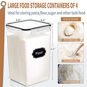 PRAKI Extra Large Tall Airtight Food Storage Containers 6.5L / 220oz, BPA Free, 4pcs Pantry Kitchen Organization Set for Flour, Sugar, Baking Supplies, Plastic Flour Container with 20 Labels & Maker