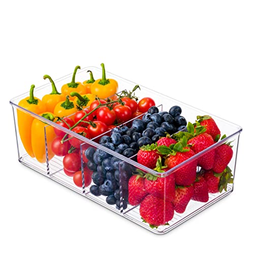 Set Of 4 Plastic Food Storage Organizer Bins - Divided Compartment Holder for Snacks, Packets, Pouches Stackable Fridge Organizers for Freezer, Kitchen, Cabinets - Clear Plastic Pantry Storage Rack