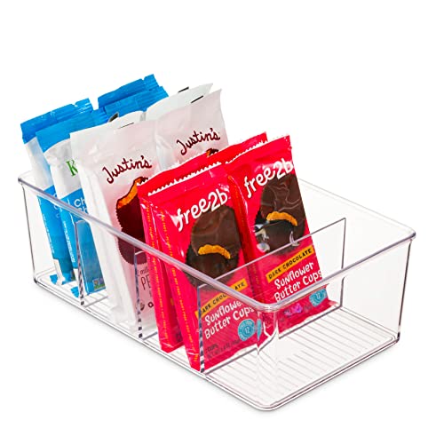 Set Of 4 Plastic Food Storage Organizer Bins - Divided Compartment Holder for Snacks, Packets, Pouches Stackable Fridge Organizers for Freezer, Kitchen, Cabinets - Clear Plastic Pantry Storage Rack