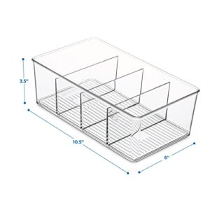 Set Of 4 Plastic Food Storage Organizer Bins - Divided Compartment Holder for Snacks, Packets, Pouches Stackable Fridge Organizers for Freezer, Kitchen, Cabinets - Clear Plastic Pantry Storage Rack