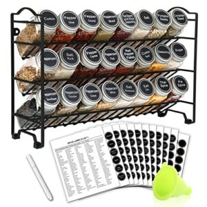 swommoly spice rack organizer with 24 empty square spice jars, 396 spice labels with chalk marker and funnel complete set, for countertop, cabinet or wall mount, black