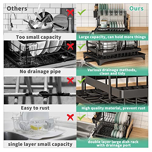 Dish Drying Rack,Dish Rack for Kitchen Counter,2 Tier Large Dish Drying Rack with Drainboard Stainless Steel Dish Drainer with Drainage Utensil Holder for Dish/Knifes/Cup/Cutting Board(16*11*12.5 IN)